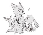 anthro clothing duo fur looking_at_another necktie pawpads shirt simple_background topwear white_background kabe2mugi disney zootopia judy_hopps nick_wilde canid canine fox lagomorph leporid mammal rabbit red_fox true_fox 2019 monochrome