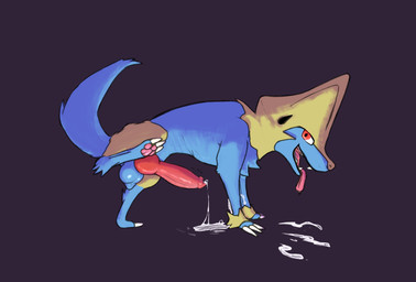 3_toes animal_genitalia animal_penis balls big_penis blue_body blue_fur bodily_fluids canine_genitalia canine_penis claws cum cum_on_ground ejaculation erection excessive_cum excessive_genital_fluids feet feral fur genital_fluids genitals hiked_leg knot knotted_penis looking_at_viewer male male_feral pawpads penis presenting presenting_penis quadruped raised_leg red_eyes scrotum_flap side_view simple_background solo standing tail toe_claws toes tongue tongue_out yellow_body yellow_fur thatcatlie nintendo pokemon canid canine generation_3_pokemon mammal manectric pokemon_(species) digital_media_(artwork) hi_res