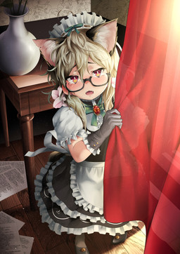 apron bell blush clothing curtains cute_fangs detailed_background eyewear fangs female furniture glasses gloves hair handwear high-angle_view inner_ear_fluff inside jewelry looking_at_viewer maid_uniform open_mouth pottery ribbons solo table teeth tuft uniform nekoarashi animal_humanoid cat_humanoid felid felid_humanoid feline feline_humanoid humanoid mammal mammal_humanoid 2015