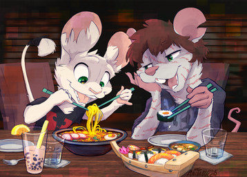 anthro arm_scar beverage bowl brown_hair bubble_tea buckteeth chair chopsticks clothed clothed_anthro clothed_male clothing container cutlery duo eating eating_food food fork furniture hair inner_ear_fluff inside kitchen_utensils looking_at_another male male_anthro miso_soup noodles notched_ear open_mouth open_smile ramen scar sitting smile soup sushi table tail teeth tools tuft water animancer luck_(animancer) rennmouse dipodid jerboa mammal mouse murid murine rodent 2025 digital_drawing_(artwork) digital_media_(artwork) hi_res