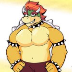 anthro clothed clothing glistening glistening_body grinning_at_viewer hair hands_on_hips heavy male muscular muscular_anthro muscular_male overweight pecs red_hair shell solo spikes text topless topless_anthro topless_male triceps kyroshiba mario_bros nintendo bowser koopa scalie 1:1 artist_name hi_res