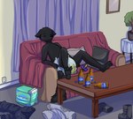 alcohol anthro beer beer_bottle beverage black_body black_fur bodily_fluids boots bottle clean_diaper clothed clothing computer container detailed_background diaper diaper_only diaper_package electronics eyes_closed folded_diaper footwear fur furniture genital_fluids laptop living_room male pacifier pants_removed pillow shirt_removed shoes sitting sleeping sofa solo table topless unclean_diaper urine used_diaper wearing_diaper wet_diaper wetness_indicator babystar canid canine canis mammal wolf 2014