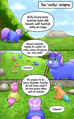 1_horn ambiguous_feral ambiguous_gender baby_talk blonde_hair blue_body blue_fur blue_hair blue_tail day dialogue female female_feral feral fur genitals grass green_body green_fur group hair hooves horn orange_body orange_fur pink_body pink_fur pink_hair pink_tail plant purple_body purple_fur purple_horn red_hair red_tail rock sky speech_bubble spiral_horn standing tail text tree vulva wings yellow_tail young young_ambiguous young_female young_feral inshi_(artist) fluffy_pony junji_ito_(copyright) mythology the_enigma_of_amigara_fault equid equine fluffy_pony_(species) mammal mythological_creature mythological_equine pegasus unicorn 2023 absurd_res comic english_text hi_res