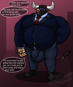 anthro barazoku beard belly big_bulge bulge clothed clothing detailed_bulge ear_piercing ear_ring eyewear facial_hair facial_piercing footwear fully_clothed glasses hand_behind_back horn horn_jewelry horn_ring jewelry looking_at_viewer male musclegut muscular muscular_arms nose_piercing nose_ring pecs piercing ring ring_(jewelry) ring_piercing septum_piercing septum_ring shoes smile solo speech_bubble standing suit tail tail_tuft talking_to_viewer tattoo text tie_clip tuft nethgoorat neth_rusiki_azhti ties bovid bovine cattle mammal absurd_res english_text hi_res