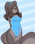 accessory anthro big_tail blue_background blue_clothing blue_headband blue_one-piece_swimsuit blue_swimwear blush bow_accessory breasts brown_hair bulge clothing detailed_bulge erection erection_under_clothing erection_under_swimwear genital_outline genitals grey_body gynomorph hair hair_accessory hairband hands_behind_back headband humanoid_genitalia humanoid_penis intersex looking_at_viewer multicolored_body nipple_outline one-piece_swimsuit pattern_background penis penis_outline pink_penis red_eyes simple_background smile solo standing striped_background stripes swimwear tail two_tone_body miu pepper_(miu) mammal rodent sciurid tree_squirrel 2023 hi_res portrait three-quarter_portrait trans_(lore) trans_woman_(lore)