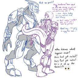 anthro anus armor balls big_balls big_bulge big_penis big_tail bulge butt captured caught clothed clothing detailed_bulge duo endearing eyewear flirting genitals glasses guard guard_position hand_on_shoulder huge_balls huge_bulge huge_penis hyper latex latex_clothing latex_skinsuit leaning male male/male odst paws penis raised_tail revealing_outfit science_fiction seductive skimpy skinsuit smile suggestive tail teasing tight_bulges tight_clothing unconvincing_armor wearing_glasses conditional_dnp samagthrav2 halo_(series) microsoft mythology xbox_game_studios demi paul_(samagthrav2) alien dragon human humanoid hybrid mammal mythological_creature mythological_scalie sangheili scalie 1:1 absurd_res hi_res