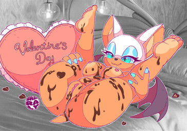 anthro areola belly big_breasts breasts candy chocolate colored_nails dessert eyeshadow female food genitals hair heart_symbol holidays huge_breasts looking_at_viewer lying makeup melted_chocolate membrane_(anatomy) membranous_wings nails nipples nude pillow presenting presenting_breasts presenting_vulva smile solo spread_legs spreading tail vulva wings sharalythesheep sega sonic_the_hedgehog_(series) valentine's_day rouge_the_bat bat mammal absurd_res digital_media_(artwork) hi_res