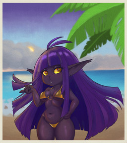 absparrow beach bikini clothing crossgender female gold_bikini hair long_hair mtf_crossgender shortstack solo swimwear two-piece_swimsuit veigal bluesparrow league_of_legends riot_games tencent veigar yordle hi_res