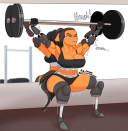 anthro black_bottomwear black_bra black_clothing black_hair black_shorts black_sports_bra black_underwear blue_eyes bottomwear bra clothing cybernetics exercise female hair machine mirror mirror_reflection orange_body ponytail reflection scrunchy_face shorts solo sports_bra squatting_pose tail text underwear weightlifting workout augmentedleaves calvin_klein cloe_(augmentedleaves) cyborg equid equine mammal absurd_res english_text hi_res
