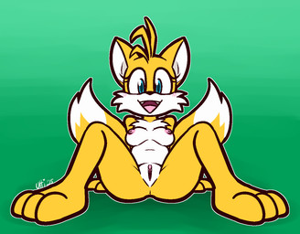 2_tails 3_toes anthro black_nose blonde_hair blue_eyes blue_pupils blush breasts cheek_tuft crossgender cute_fangs dipstick_tail facial_tuft fangs feet female front_view fur genitals green_background hair looking_at_viewer markings medium_breasts mtf_crossgender multi_tail nipples nude open_mouth open_smile pink_nipples pink_vulva pupils simple_background sitting smile solo spread_legs spreading tail tail_markings teeth toes tuft vulva white_body white_fur white_inner_ear yellow_body yellow_fur ultilix sega sonic_the_hedgehog_(series) miles_prower canid canine fox mammal 2025