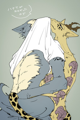 ambiguous_penetration anthro duo male male/male naturally_censored penetration shirt_over_face tattoo text slpwk7_(artist) beastars legoshi_(beastars) melon_(beastars) antelope bovid canid canine canis felid gazelle hybrid leopard mammal pantherine wolf 2:3 absurd_res hi_res translation_request