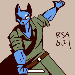 anthro belt belt_buckle blue_body buckle clothed clothed_anthro clothing eyebrows_(marking) green_clothing holding_knife holding_object knife looking_at_viewer male no_pupils open_hand pointy_ears prick_ears rolled_up_sleeves shadow simple_background solo tan_background r.sahoot canid canine canis domestic_dog mammal 1:1 dated signature