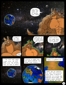 anthro big_muscles dialogue_box giga huge_muscles hyper hyper_muscles macro male muscular muscular_male shrinking size_transformation solo space speech_bubble text transformation dnapalmhead redsaber third-party_edit kangaroo macropod mammal marsupial comic english_text