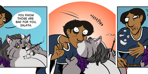 anthro big_breasts blush breasts cigarette clothed clothing dialogue dominant dominant_female duo eyelashes eyeshadow facial_tuft feather_boa female fur glistening_eyelids grey_body grey_fur hair highlights_(coloring) kissing long_eyelashes long_hair makeup male mature_female motion_lines overweight overweight_female purple_eyeshadow sergio_(infinitesimalj0) skinny_male smoking smoking_cigarette submissive submissive_male tear_trough tuft white_highlights zalata_(infinitesimalj0) infinitesimalj0 domestic_cat felid feline felis human mammal absurd_res comic hi_res