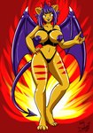 amber_eyes anthro areola breasts claws female hair hand_on_hip horn looking_at_viewer membrane_(anatomy) membranous_wings navel nipples open_mouth pose purple_areola purple_hair purple_nipples purple_wings solo standing tongue tongue_out wing_claws wings yellow_body lady_drasami drasami demon felid feline mammal succubus absurd_res hi_res signature