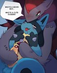 2018 ahegao ambiguous_gender anthro anthro_on_anthro balls big_penis blue_body blue_fur blush bodily_fluids cuddling dialogue digital_media_(artwork) dominant dominant_female drooling duo embrace english_text erection eye_roll female foreskin fur generation_4_pokemon generation_5_pokemon genital_fluids genitals gentle_femdom good_boy green_eyes grey_body grey_fur hair handjob hi_res hug hugging_from_behind humanoid_genitalia humanoid_penis kyurisawa larger_ambiguous looking_pleasured lucario male male/ambiguous masturbation nintendo nude open_mouth penile penis pet_praise pokemon pokemon_(species) praise precum reach_around red_eyes red_hair saliva sex shaded size_difference smaller_male smile speech_bubble spikes text tongue tongue_out yellow_body yellow_fur zoroark