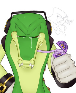 anthro back_spikes bodily_fluids bubble_gum bubble_tape_gum candy clothing countershade_face countershade_torso countershading crying dessert duo electronics eyes_closed facial_horn fangs food gloves green_body handwear headphones horn male snout spikes spikes_(anatomy) tears tears_of_pain tears_of_sadness teeth yellow_arms fstar0_2 sega sonic_the_hedgehog_(series) espio_the_chameleon vector_the_crocodile chameleon crocodile crocodilian lizard reptile scalie hi_res signature
