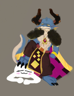 anthro big_claws big_horn blue_body blue_skin bottomwear brown_bottomwear brown_clothing brown_pants chibi claws clothed clothed_anthro clothing coat_cape disgusted_face duo fully_clothed fully_clothed_anthro horn long_cape male male/male pants scales simple_background stepped_on toe_claws uncomfortable y/n cu3rvo mythology xxl_woofia tyrantino_(xxl_woofia) dragon mythological_creature mythological_scalie scalie digital_media_(artwork) ibispaint_(artwork) screentone