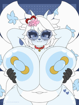 6_tails accessory anthro areola bell bell_collar big_areola big_breasts big_nipples blue_areola blue_body blue_breasts blue_ears blue_eyes blue_fur blue_inner_ear blue_nipples blue_nose breast_grab breast_squish breasts collar disembodied_hand eyeliner female first_person_view flower flower_in_hair flowers_in_fur freckled_face freckles fur fur_markings hair hair_accessory hand_on_breast hands_behind_head huge_breasts huge_thighs inner_ear_fluff long_hair looking_at_viewer makeup markings multi_tail nipple_piercing nipples piercing plant simple_background slightly_chubby solo squish tail tattoo thick_thighs tuft white_body white_fur white_hair shinychaonsfw valerie_(shinychao) arctic_fox canid canine fox mammal true_fox 3:4 hi_res