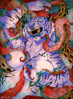 anthro blue_body blue_fur breasts chest_tuft digit_ring ear_piercing facial_piercing fangs female finger_ring fur jewelry lip_piercing nipple_piercing nipple_ring nipples nose_piercing nose_ring piercing ring ring_piercing solo striped_body striped_fur stripes suckers teeth tentacles tuft yetifish cephalopod coleoid felid mammal marine mollusk octopodiform octopus pantherine tiger 2025 painting_(artwork) watercolor_(artwork)