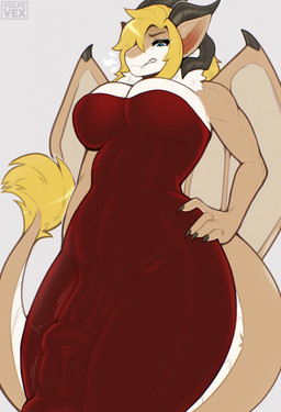 4_horns 5_fingers anthro big_bulge blonde_hair blue_eyes breasts bulge claws cleavage clenched_teeth clothed clothed_anthro clothed_gynomorph clothed_intersex clothing detailed_bulge dress eyebrows eyelashes finger_claws fingers fur genital_outline gynomorph gynomorph_anthro hair hand_on_hip horn intersex intersex_anthro membrane_(anatomy) membranous_wings multi_horn neck_tuft penis_outline red_clothing red_dress simple_background solo tail tail_tuft teeth thick_thighs tuft wings vulpevex mythology evie_(doc7821) dragon furred_dragon furred_scalie mythological_creature mythological_scalie scalie 2026 hi_res