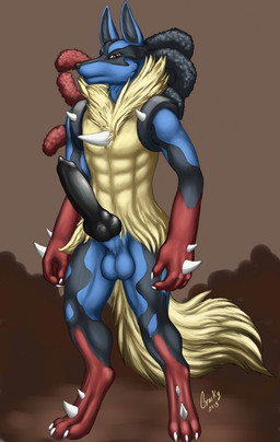 animal_genitalia animal_penis anthro anthrofied balls big_penis black_body black_fur black_penis blue_body blue_fur canine_genitalia canine_penis dreadlocks erection fur genitals horn huge_penis knot male muscular muscular_anthro muscular_male penis pokemorph red_body red_eyes red_fur sheath solo conditional_dnp cracky nintendo pokemon canid canine generation_6_pokemon mammal mega_evolution mega_lucario pokemon_(species) 2015 hi_res