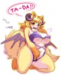 anthro big_breasts biped blush breasts chest_tuft clothed clothing dialogue female heart_eyes heart_symbol horn huge_breasts kneeling navel simple_background skimpy slightly_chubby solo speech_bubble text thick_thighs tuft white_background wide_hips wings ni_jikan canid canine demon fox mammal japanese_text signature