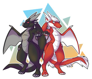 anthro black_body blue_eyes camera claws dorsal_fin dorsal_frill duo ear_fins fin frill_(anatomy) grey_body hair hand_on_hip horn looking_at_viewer male multicolored_body pose red_body red_eyes simple_background spines stare white_body white_hair wings malice-risu mythology jamesthedragon negadrake dragon mythological_creature mythological_scalie scalie 2020 hi_res
