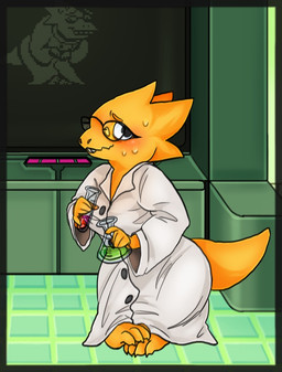 anthro barefoot blush bodily_fluids breasts buckteeth claws clothed clothing coat detailed_background electronics eyewear feet female flask front_view glasses holding_object inside lab_coat laboratory_equipment laboratory_glassware looking_at_viewer monitor nervous non-mammal_breasts pigeon_toed scales scientific_instrument solo standing sweat tail teeth test_tube thick_tail three-quarter_view topwear wavy_mouth wide_hips yellow_body yellow_scales ssand undertale undertale_(series) alphys reptile scalie