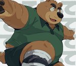 anthro belly big_belly black_nose bottomwear brown_body brown_fur clothing fur kemono male overweight overweight_male shirt shorts solo topwear zapapanda vtuber bear mammal 2024 hi_res