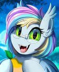 cute_fangs eyewear female food fruit glasses green_eyes holding_object leaf looking_at_viewer mango_(fruit) open_mouth plant solo pridark hasbro my_little_pony fan_character bat_pony equid mammal 2021 digital_drawing_(artwork) digital_media_(artwork) hi_res