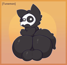 anthro backsack balls big_balls big_butt black_body black_butt black_fur black_sclera black_tail butt chibi fur genitals glistening glistening_butt looking_at_viewer looking_back looking_back_at_viewer male male_anthro nude outline simple_background solo tail text white_eyes white_outline tunemon changed_(video_game) puro_(changed) canid canine canis mammal wolf 2022 digital_media_(artwork) hi_res
