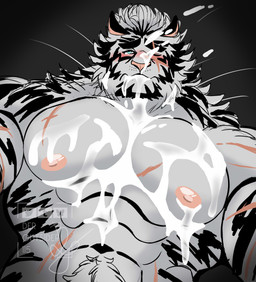 abs after_sex anthro bedroom_eyes big_muscles big_pecs bodily_fluids cum cum_in_mouth cum_inside cum_on_face fur genital_fluids male muscular muscular_arms muscular_male muscular_sub narrowed_eyes pecs scar seductive solo stripes submissive white_body white_fur deroutsider115 arknights hypergryph studio_montagne mountain_(arknights) felid mammal pantherine tiger absurd_res hi_res