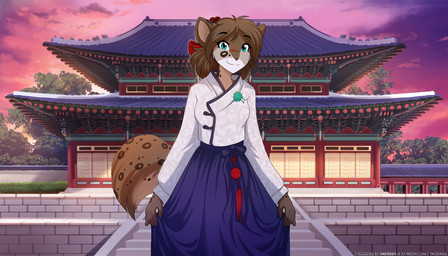 anthro asian_clothing biped bottomwear breasts brown_body brown_fur brown_hair brown_spots brown_tail clothed clothed_anthro clothed_female clothing cloud east_asian_clothing female fingers front_view fully_clothed fully_clothed_anthro fully_clothed_female fur green_eyes hair hanbok korean_clothing looking_at_viewer markings outside sky smile solo spots spotted_body spotted_fur spotted_markings spotted_tail standing tail tail_markings text topwear conditional_dnp narikusha tom_fischbach twokinds kathrin_vaughan canid canine felid hybrid keidran mammal pantherine 2026 7:4 digital_drawing_(artwork) digital_media_(artwork) english_text hi_res url