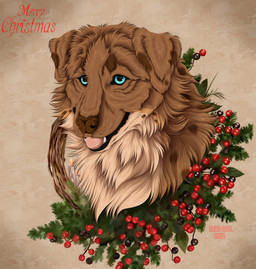 ambiguous_feral ambiguous_gender blue_eyes brown_body brown_fur brown_nose brown_spots cheek_tuft christmas_decorations facial_tuft feral floppy_ears fur glistening glistening_eyes markings neck_tuft open_mouth pink_tongue solo spots spotted_body spotted_fur text tongue tongue_out tuft msdeadsoul pepper_(graceful_k9) canid canine canis domestic_dog mammal 2024 artist_name dated hi_res