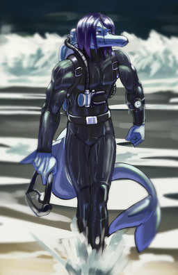 abstract_background anthro biceps blue_body blue_eyes blue_hair blue_scales bodysuit clothing diving_suit eyewear fin goggles hair long_snout long_tail male muscular muscular_anthro muscular_male oxygen_tank partially_submerged pecs scales scuba_suit skinsuit smile snout solo tail tail_fin tight_clothing water wet wet_body wet_hair chervyarts goodbye_volcano_high ko_op_(game_developer) leo_(gvh) aquatic liopleurodon plesiosaur pliosaur prehistoric_species reptile scalie 2026 digital_drawing_(artwork) digital_media_(artwork) hi_res