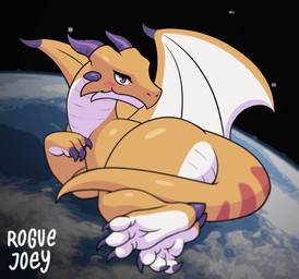 ambiguous_gender blush butt feral horn hyper_macro macro pawpads paws purple_eyes seductive solo spread_wings tail tail_flick wings yellow_body roguejoey mythology dragon mythological_creature mythological_scalie scalie animated short_playtime