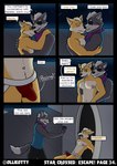 absurd_res anthro bandanna canid canine canis clothed clothing comic dialogue duo embrace embracing_another embracing_from_behind english_text erection erection_under_clothing erection_under_jockstrap eye_patch eyes_closed eyewear falling fox fox_mccloud from_behind_position fur genitals hair hi_res hug humor jockstrap jockstrap_only kerchief love male male/male mammal neckerchief nintendo nipples ollieotty open_mouth partially_clothed pec_grab pecs pushing romantic romantic_couple sex shove smile smirk speech_bubble star_fox tail text topless underwear underwear_only wolf wolf_o'donnell yelling