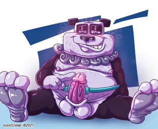 anthro balls beard belt erection facial_hair feet genitals male mature_male moobs nipples nude overweight penis sitting solo touching_penis jusosleep yin_yang_yo! master_yo bear giant_panda mammal