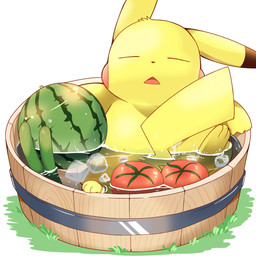 3_toes ambiguous_gender dipstick_ears ear_markings feet food fruit fur melon multicolored_ears open_mouth partially_submerged plant sleeping solo toes tomato water watermelon yellow_body yellow_fur tatu_wani nintendo pokemon generation_1_pokemon pikachu pokemon_(species) 1:1 2021 absurd_res hi_res