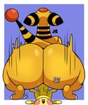 anthro balls big_butt biped butt cheek_spots duo exclamation_point female forehead_gem gem genitals huge_butt larger_female lying male male/female on_back on_ground open_mouth paws penetration penile penile_penetration penis pink_cheeks red_gem sex size_difference smaller_male sound_effects tail text tongue vein veiny_penis white_text yellow_balls yellow_butt yellow_penis luanctoons nintendo pokemon ampharos generation_2_pokemon pichu pokemon_(species) 2024 absurd_res english_text hi_res