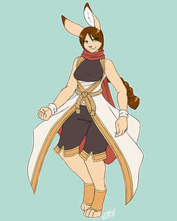 anthro bandage braided_hair breasts brown_hair cleavage clothed clothing female green_eyes grin hair monk ponytail robe scarf smile solo tawny_fur wristband furball shara_(tygon) lagomorph leporid mammal rabbit 2026 4:5 hi_res