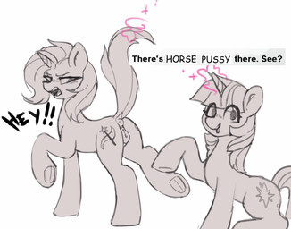animal_genitalia animal_vulva annoyed bangs blush describing_genitalia describing_pussy describing_pussy_type duo equine_genitalia equine_vulva female feral genitals hair hooves horn long_hair looking_at_viewer magic raised_tail simple_background tail text vulva orchidpony friendship_is_magic hasbro my_little_pony mythology trixie_(mlp) twilight_sparkle_(mlp) equid equine mammal mythological_creature mythological_equine unicorn english_text meme monochrome
