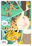 all_fours animal_genitalia anthro anus ass_up backsack balls becoming_erect being_watched bent_over biped bottomwear bulge butt close-up clothed clothing creek duo fangs flask forest fur genitals grass licking licking_lips licking_own_lips loincloth loincloth_only looking_at_another lustful_gaze male male/male markings nature nude open_mouth outside pawpads paws perineum plant presenting presenting_hindquarters raised_tail rear_view scar sheath slim small_waist speech_bubble spots spotted_body spotted_fur tail tan_body tan_fur teeth text tongue tongue_out topless tree white_body white_fur vorpale eaglethecheetah felix_(roadd) cheetah felid feline mammal comic digital_drawing_(artwork) digital_media_(artwork) english_text hi_res