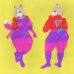 anthro big_butt blue_eyes blue_nipples breasts butt clothing curvy_figure female genitals hair jacket looking_back multicolored_body multicolored_hair nipples open_mouth pink_body purple_body simple_background solo tail thick_thighs topwear wide_hips yellow_background brown_wolf57 foxwoman-1986 canid canine fox humanoid mammal 1:1 absurd_res hi_res huge_filesize