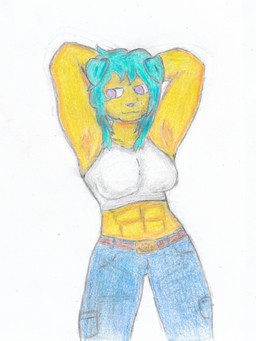 anthro arms_above_head blue_hair bra clothed clothing female floppy_ears fully_clothed hair muscular muscular_female purple_eyes raised_arm solo sports_bra underwear yellow_body dontdomolly canid canine canis domestic_dog mammal 3:4 hi_res