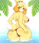 anthro big_butt bikini bikini_thong blonde_hair breasts butt clothed clothing dipstick_tail female fingers hair looking_at_viewer looking_back looking_back_at_viewer markings partially_submerged side_boob solo swimwear tail tail_markings thick_thighs two-piece_swimsuit water vtalna1 animal_crossing nintendo isabelle_(animal_crossing) canid canine canis domestic_dog mammal shih_tzu toy_dog 2023 absurd_res artist_name digital_media_(artwork) hi_res