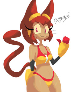 anthro armor bikini brown_hair brown_tail clothing club_arms ears_as_hair female gauntlets gloves hair handwear simple_background solo swimwear tail tan_body two-piece_swimsuit underwear white_background brunowarts gameoverse glitch_productions kit_bodega domestic_cat felid feline felis humanoid mammal