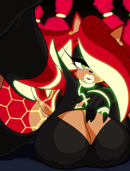 anthro armwear bedroom_eyes big_breasts black_armwear black_clothing black_elbow_gloves black_eyeshadow black_gloves black_handwear black_legwear black_thigh_highs black_topwear breasts clothed clothed_anthro clothed_female clothing collar elbow_gloves eyeshadow female gloves glowing glowing_hair glowing_lipstick green_eyes hair hair_over_eye handwear huge_breasts legwear lips lipstick looking_at_viewer makeup multicolored_hair narrowed_eyes nipple_outline red_hair seductive solo teal_hair teal_lipstick thick_lips thick_thighs thigh_highs topwear two_tone_hair ravrous sega sonic_the_hedgehog_(series) fan_character varyne_(ravrous) eulipotyphlan hedgehog mammal 2026 hi_res