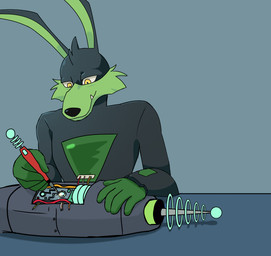 anthro black_body black_bodysuit black_clothing black_ears black_fur black_hair black_nose black_skinsuit bodysuit clothed clothing fur gloves green_body green_bodysuit green_clothing green_fur green_gloves green_handwear green_skinsuit hair half-closed_eyes handwear holding_object machine male multicolored_body multicolored_bodysuit multicolored_clothing multicolored_fur multicolored_skinsuit narrowed_eyes ranged_weapon raygun repair sharp_teeth skinsuit smile solo teeth tight_clothing two_tone_body two_tone_bodysuit two_tone_clothing two_tone_fur two_tone_skinsuit weapon wire yellow_eyes fernypaw loonatics_unleashed looney_tunes warner_brothers tech_e._coyote canid canine canis coyote mammal 2024 digital_media_(artwork) hi_res